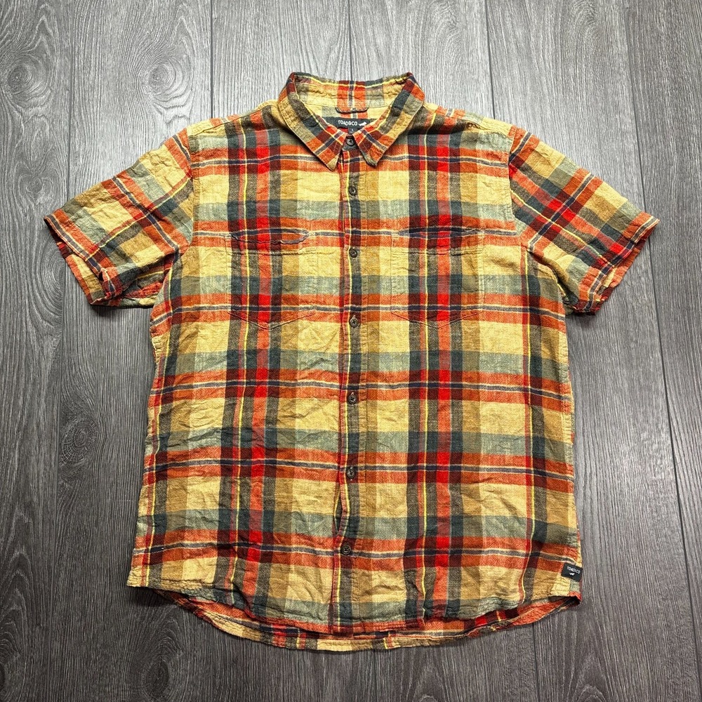 Toad&Co Button Up Shirt Men Large Orange Brown Salton Cotton Short Sleeve